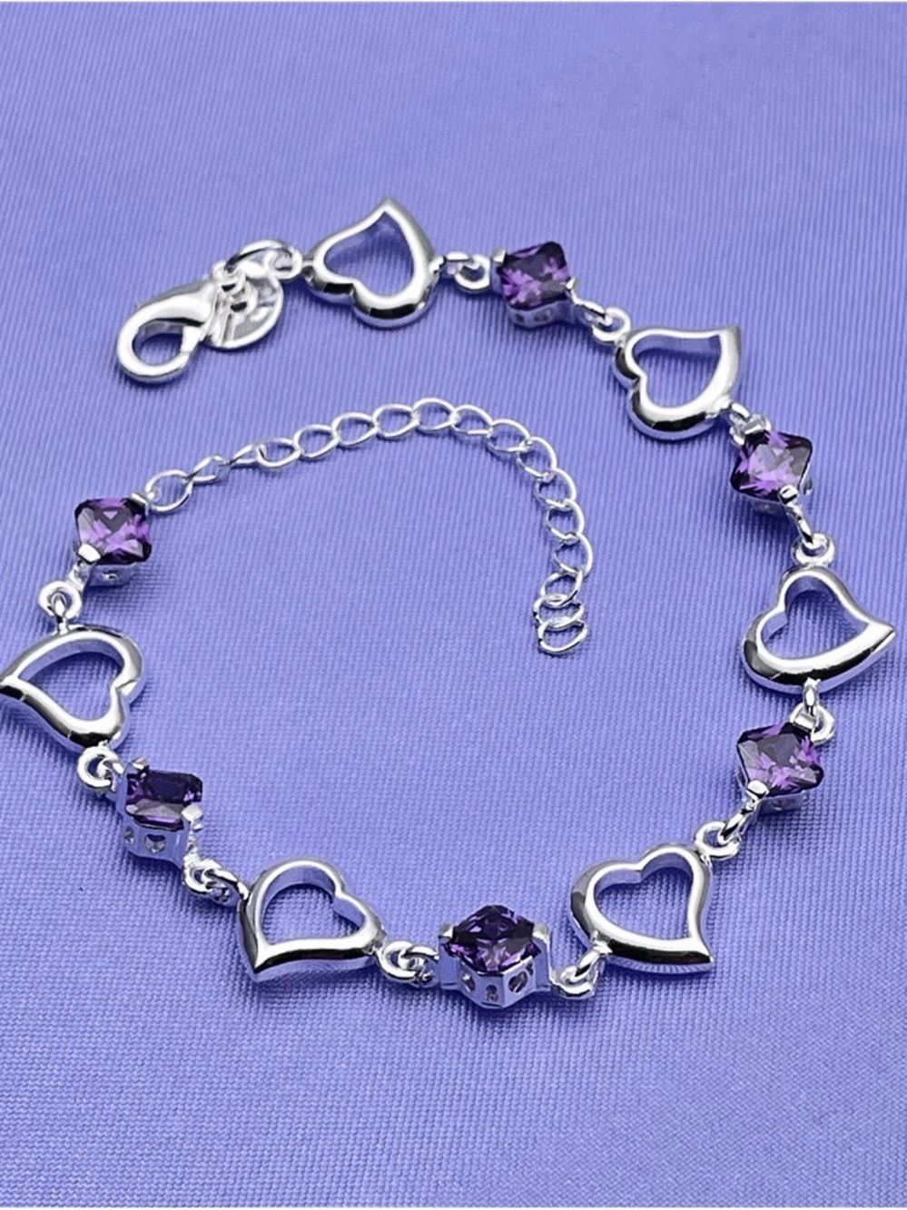 925 Sterling Silver Heart Link Bracelet with Purple Stones